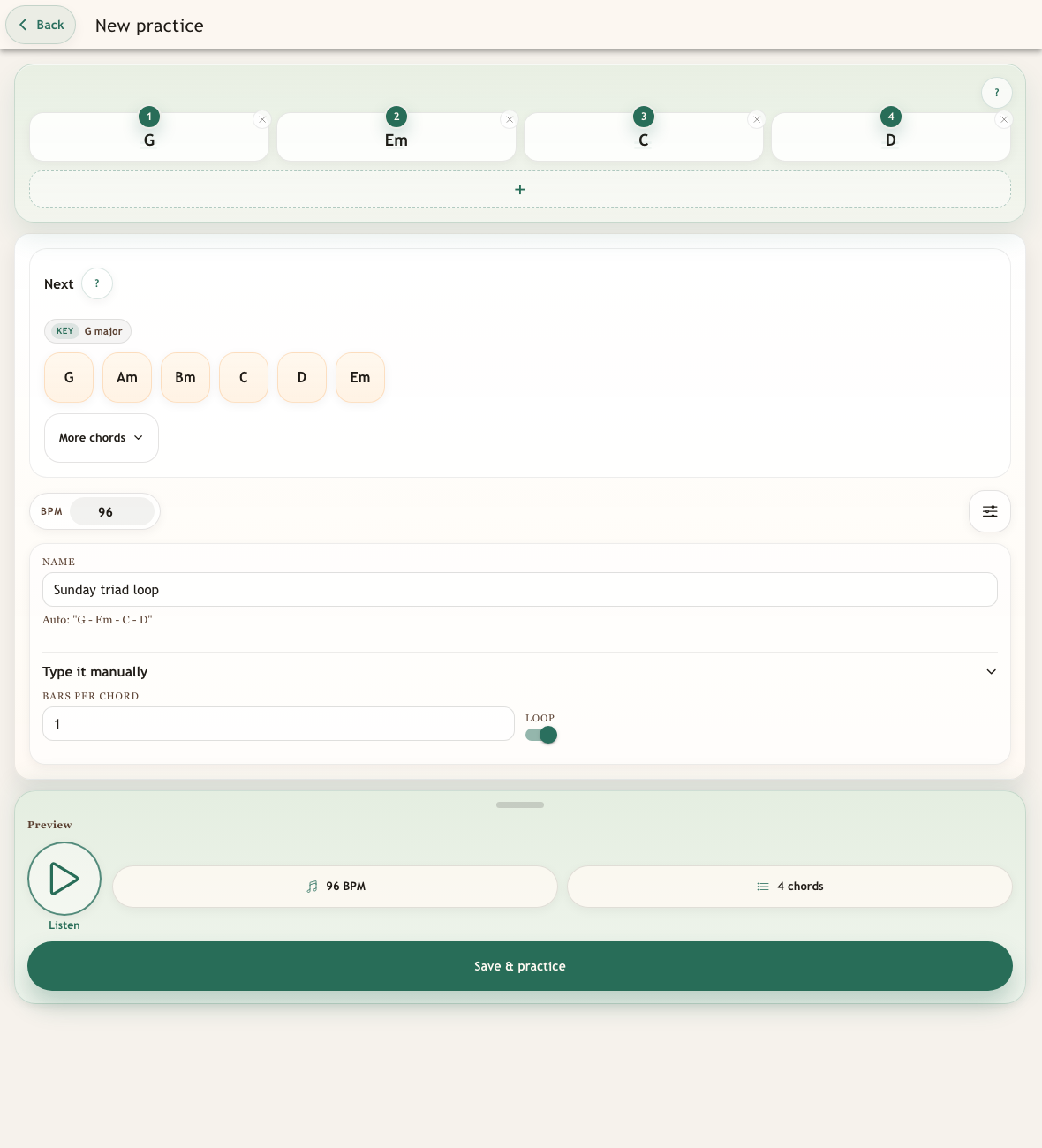 Full New practice builder screen with Options open, Sunday triad loop in the Name field, and Save and practice visible.