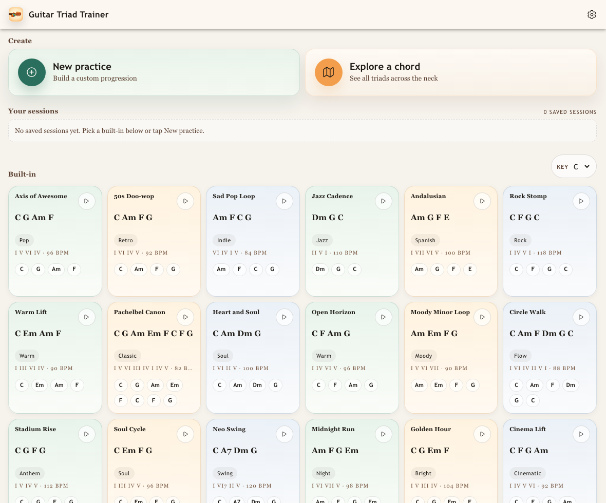 Full Guitar Triad Trainer Library screen with the New practice card visible.