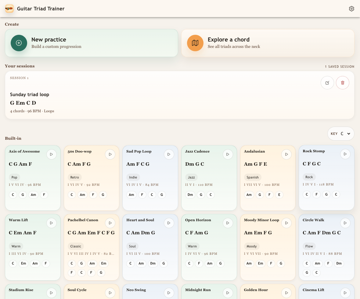 Full Guitar Triad Trainer Library screen with a saved practice named Sunday triad loop and a pencil edit icon.