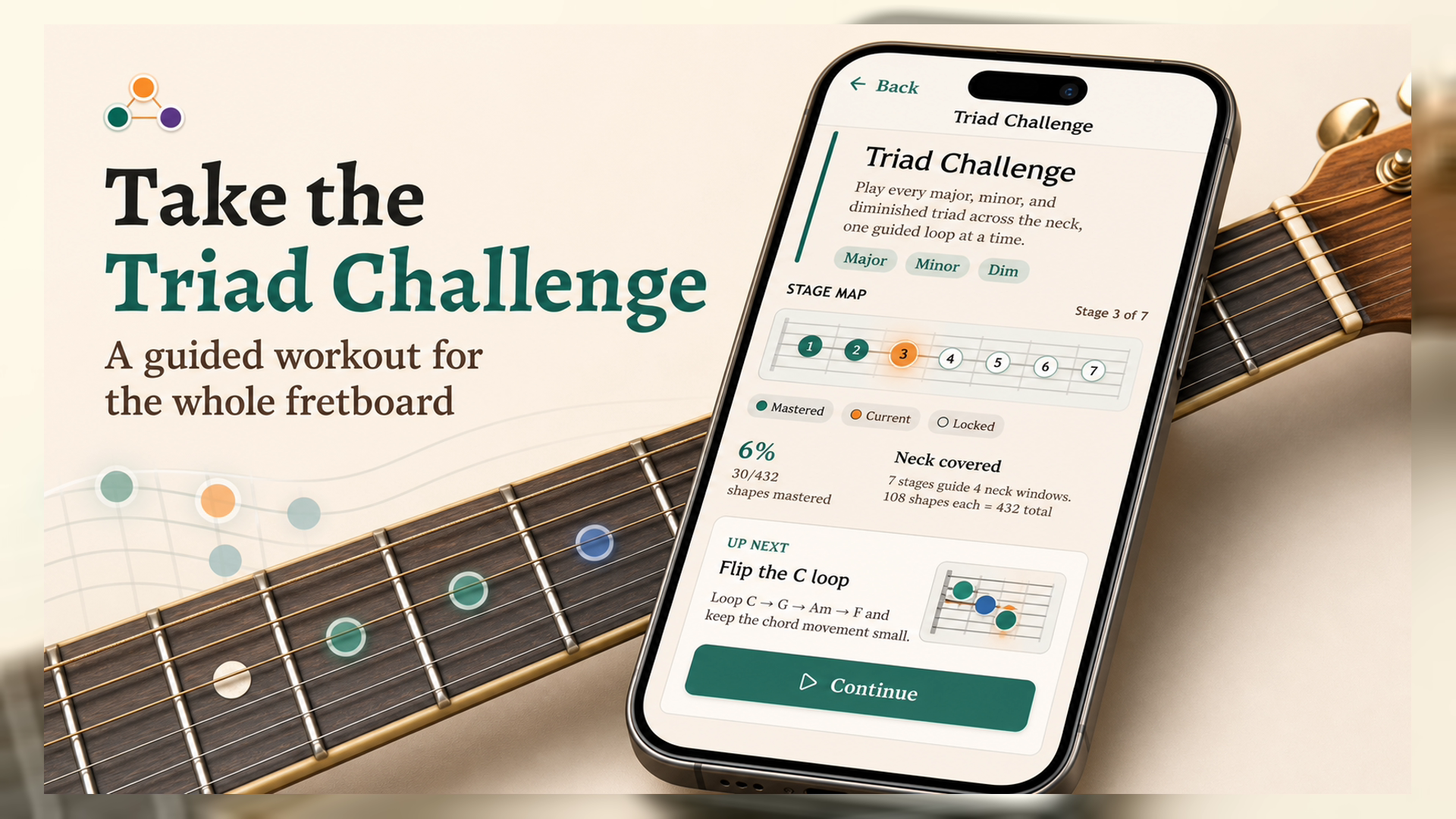 Triad Challenge launch artwork showing the app challenge screen on a guitar-themed background.