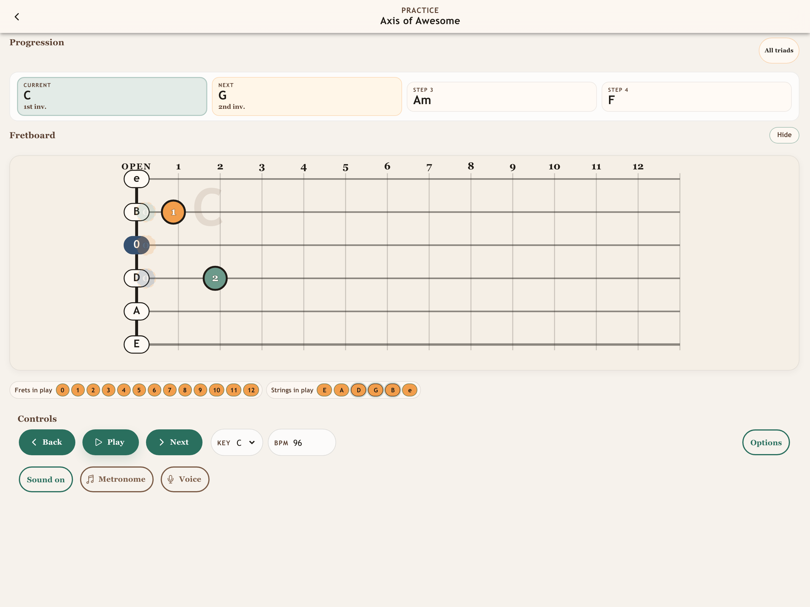 Guitar Triad Trainer practice screen showing the full progression above a fretboard.